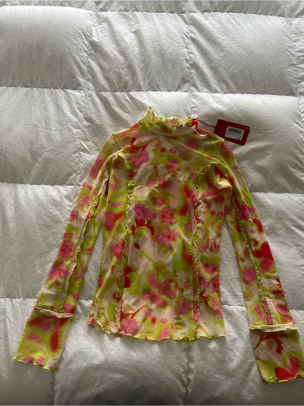 HUGO Neon Yellow Pink Floral Long-Sleeve Mesh Top